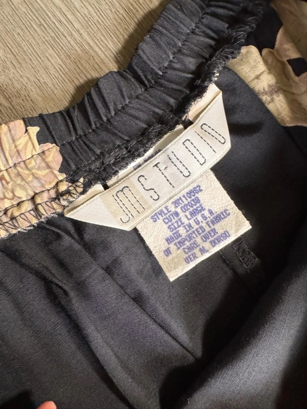 Vintage Black Floral Maxi Skirt L Tan Satin